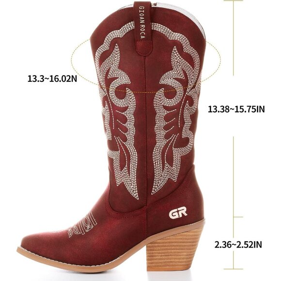 ⚡Women's Red Embroidered Fashion Retro Western Pointed Toe Chunky Heel Pull On - Picture 3 of 5